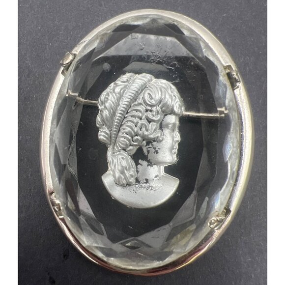 Vintage Warner Cameo Brooch Pin Intaglio Faceted Glass Silver Tone Signed 2X1.5" - Picture 2 of 11